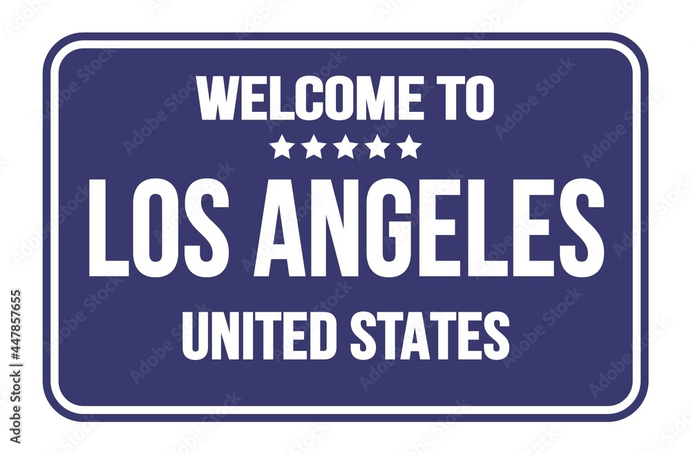 WELCOME TO LOS ANGELES - UNITED STATES, words written on blue street sign stamp