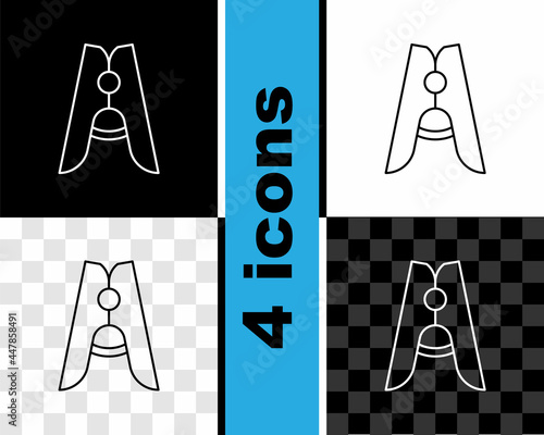 Set line Old wood clothes pin icon isolated on black and white, transparent background. Clothes peg. Vector