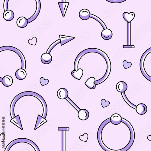 Body piercing jewelry seamless pattern. Cute pink background for textile, fabric, print design, wrapping paper. Vector illustration. photo