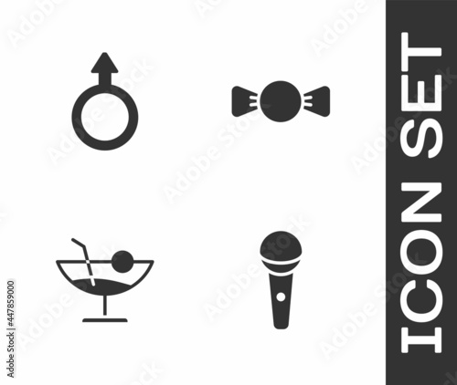 Set Microphone, Male gender symbol, Cocktail and Bow tie icon. Vector
