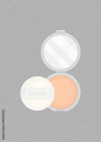 Face cosmetics. Vector face powder with pillow in round gray, compact container isolated on gray background. Womens decorative cosmetics. Makeup.