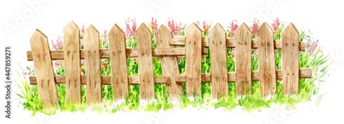 An old wooden fence painted in watercolor. A wooden fence on a background of greenery with pink flowers. Fence made of wooden boards. © Алексей Панчин