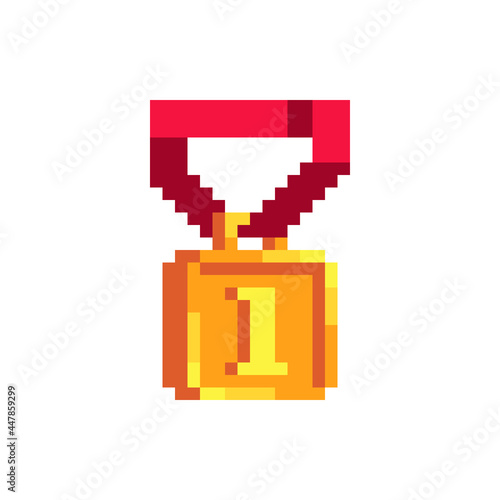 Gold medal pixel art icon. First place. Sports competitions olympic games. Flat style. 8-bit. Isolated vector illustration.