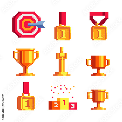 Winner's trophy award. Goblet and gold medal pixel art icon. Winners podium. Golden cup. Sports competitions olympic games. First place. Isolated abstract vector illustration. 8-bit sprite. 