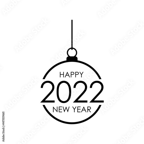 Banner con frase Happy New Year 2022 en bola de navidad con lineas en color negro