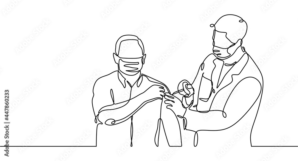 One continuous line of A Doctor injecting vaccine to a man.
