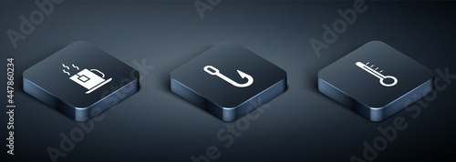 Set Isometric Cup of tea with tea bag, Meteorology thermometer and Fishing hook icon. Vector