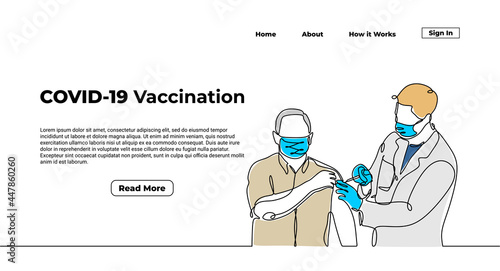 One continuous line of a Doctor injecting vaccine to a man for landing page. Vaccination background for website.