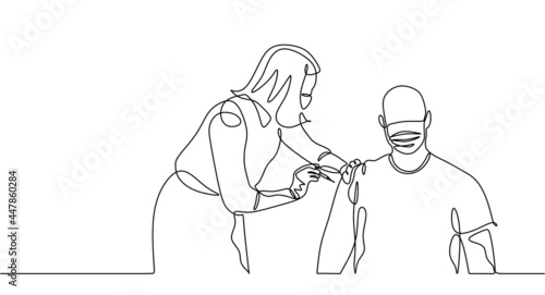 One continuous line of a female doctor injecting vaccine to a man isolated on white background.