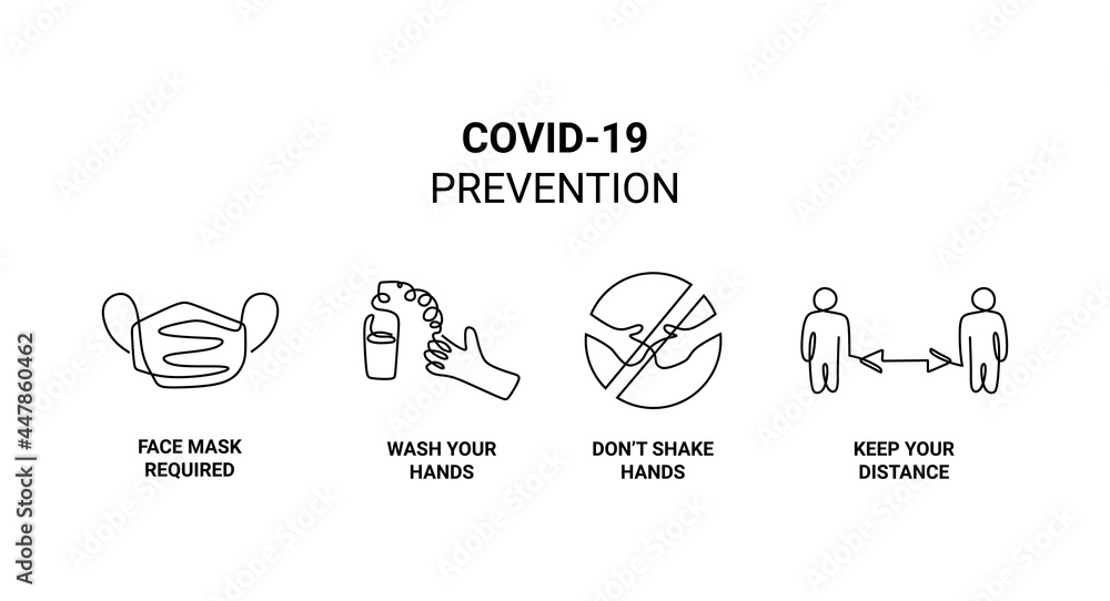 One continuous line of covid 19 prevention poster isolated on white background.