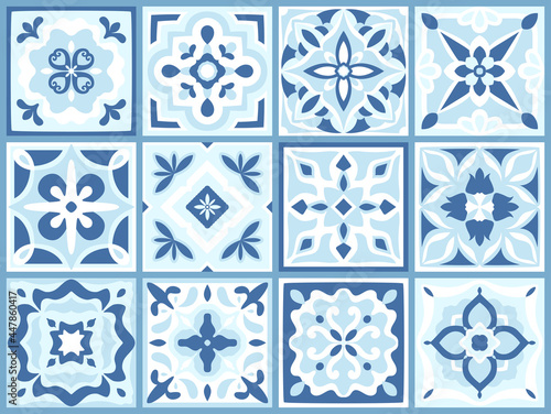 Pottery majolica tiles. Mexican talavera, portuguese, moroccan decor. Mediterranean Italian Ceramic art, Spanish geometric print for floor, kitchen, textile. Design of ornaments.  