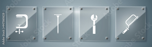 Set Hacksaw, Adjustable wrench, Metallic nail and Clamp and screw tool. Square glass panels. Vector