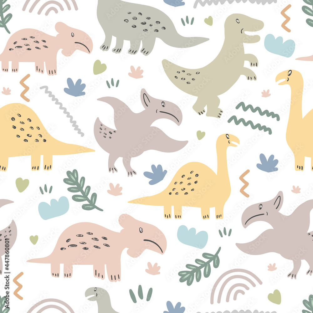Obraz premium Seamless pattern of cute dinosaurs and floral isolated on white background.