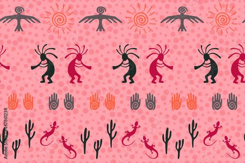 Mythical, design with lizard, Kokopelli fertility deity, sun, eagle, cacti.
