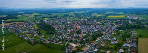 Aerial view of the city Kirchenthumbach in Germany, on a sunny day in spring.