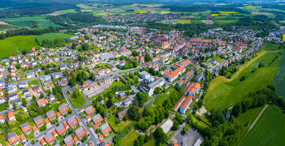 Aerial view of the city Erbendorf in Germany, on a sunny day in spring.