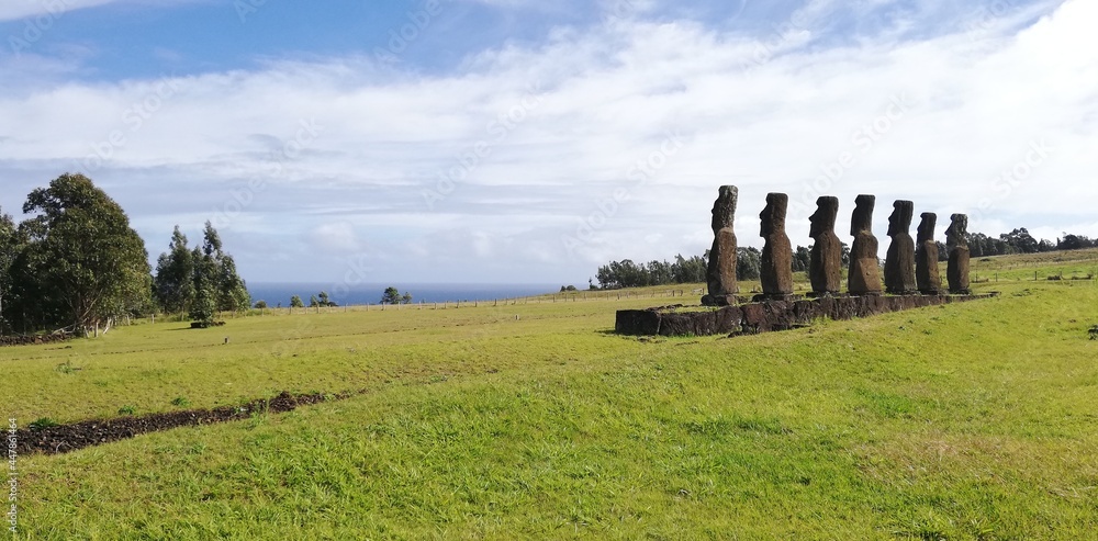 Hill of Ahu Akivi, Easter Island. The only seven Moai watching the sea, dedicated to the first Polynesian explorers who came from the Pacific Ocean to colonize Rapa Nui.