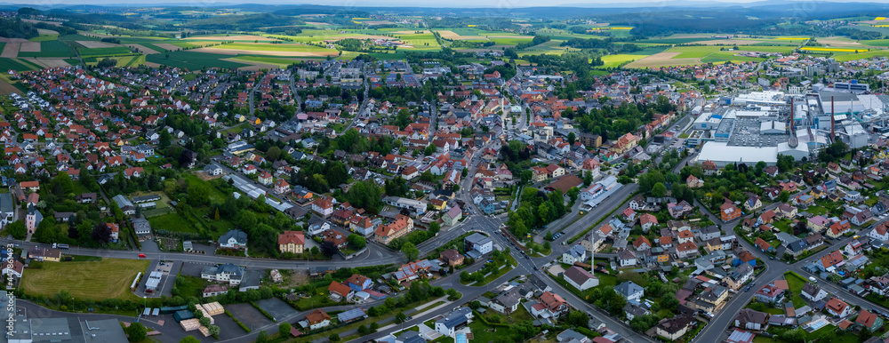 Aerial view of the city Wiesau in Germany, on a sunny day in spring.