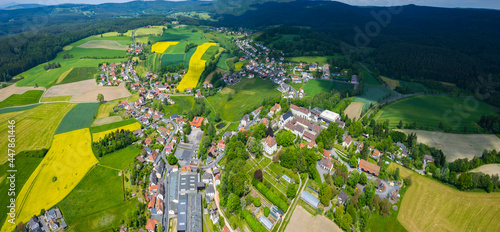 Aerial view of the village Friedenfels in Germany, on a sunny day in spring.