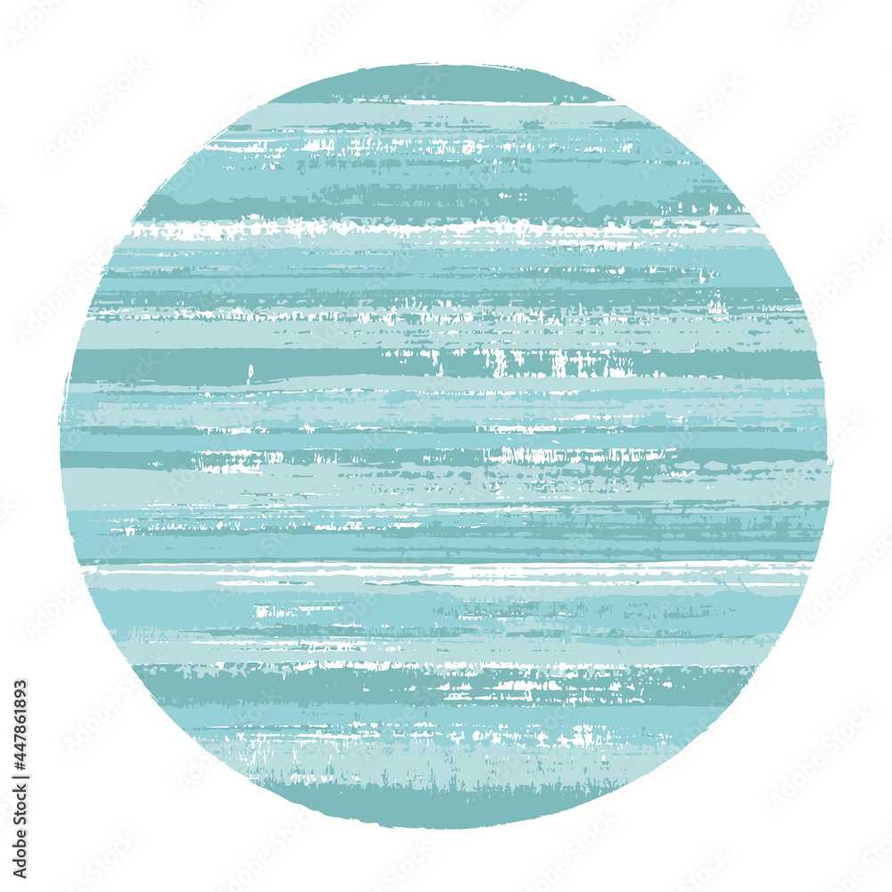 Abstract circle vector geometric shape with striped texture of paint horizontal lines. Old paint texture disc. Emblem round shape circle logo element with grunge background of stripes.