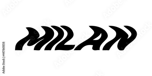 Milan typography text or slogan with wavy letters. T-shirt graphic with ripple or glitch effect. Abstract print, banner, poster, emblem design. Vector illustration.