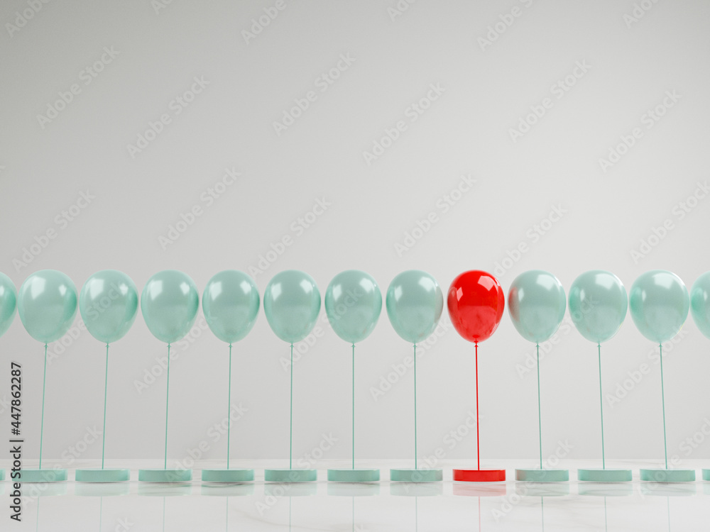 Red balloon among blue balloons blue balloons , Performance outstanding from crowd for different thinking , disruption and leadership by 3D rendering. Red balloon among blue balloons blue balloons , Performance outstanding from crowd for different thinking , disruption and leadership by 3D rendering.