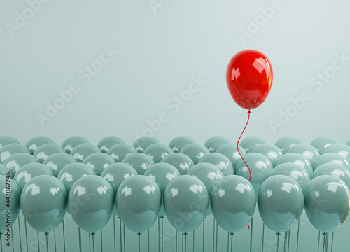 Canvas Print Red balloon floating out from blue balloons that are tied on blue background , Performance outstanding from crowd for different thinking , disruption and leadership by 3D rendering