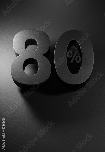3d rendering of a 80% symbol, black and rough surface texture, illustration for background, web, banner.