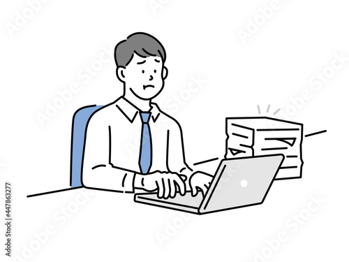 残業する男性のイラスト(仕事、ビジネス、資料作成、会議、疲れ、忙しい、イライラ、失敗、多忙) Illustrations of men working overtime . work, business, materials preparation, meetings, fatigue, busyness, irritation