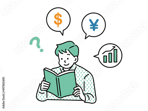 お金に関わる勉強のイラスト(税金、節税、株、投資、積立、年金、貯金、資産、将来、FX、ビットコイン) Study illustrations related to money . tax, tax saving, stocks, investment, savings, assets, future, FX, bitcoin