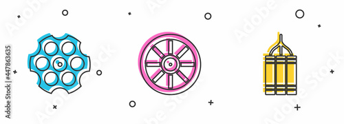 Set Revolver cylinder, Old wooden wheel and Dynamite bomb icon. Vector