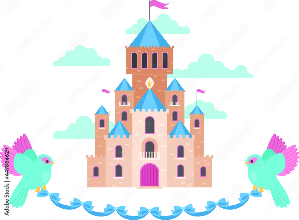 Cute romantic birds flying holding a banner and princess castle in clouds. Fairy tale illustration for children's book. Cartoon illustration isolated on white. Vector art