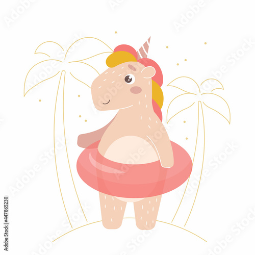 Cute cartoon unicorn wearing inflatable ring. Kawaii animal character. Flat vector illustration isolated on white. For posters, print, postcard, child's production, stickers,invitations.