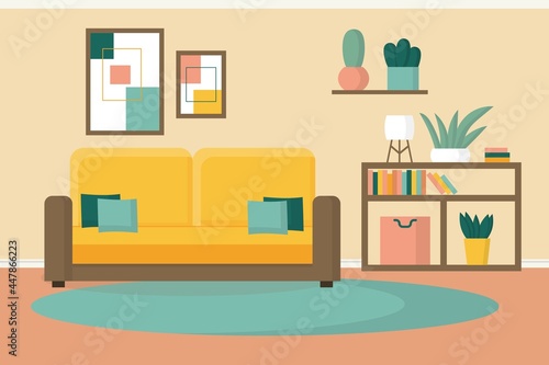  Living room with yellow sofa. Sofa with pillows. Living room with bookcase.Living room interior. Comfortable sofa  carpet and houseplants. Vector banner .Cozy home interior design. 