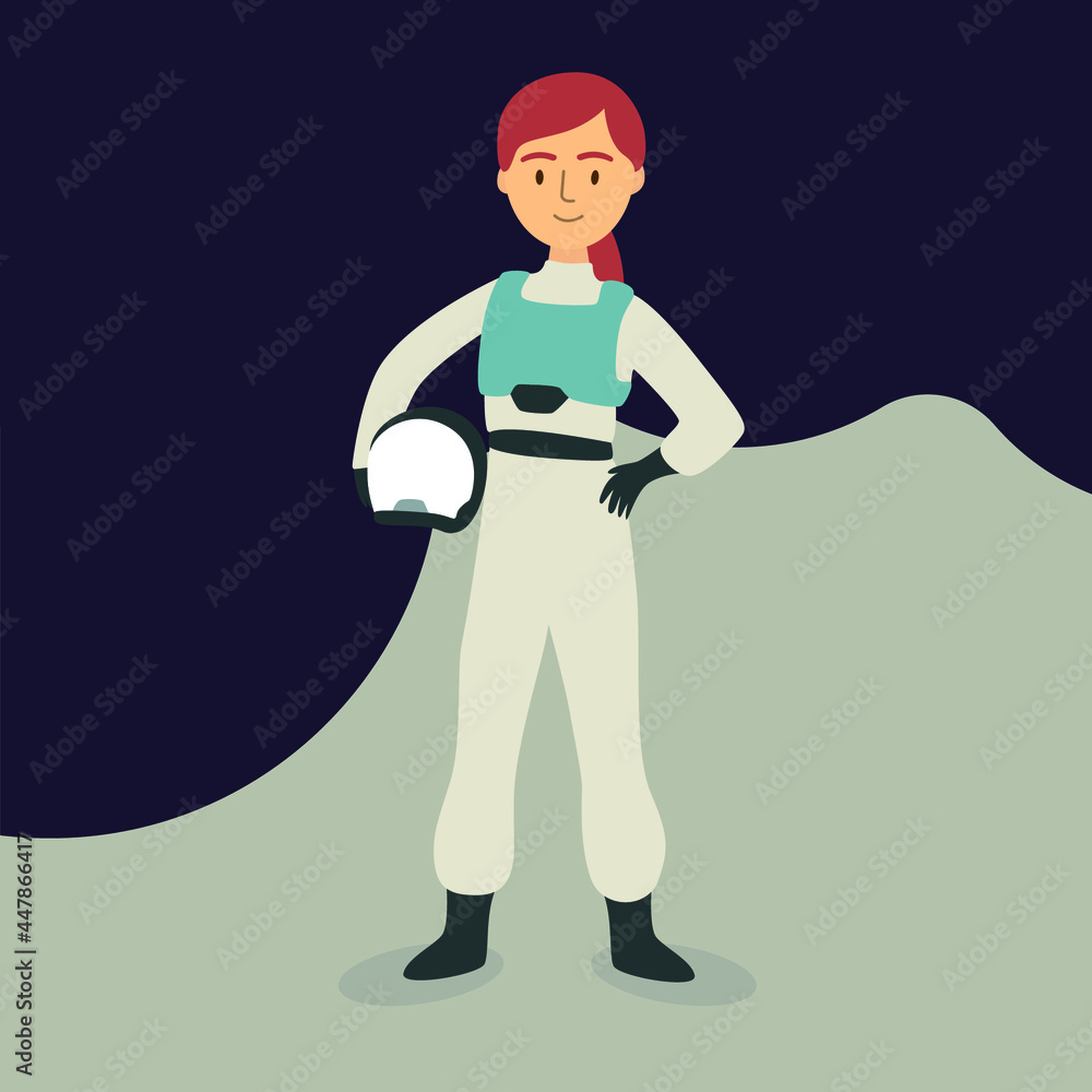 Young female astronaut uniform, woman profession flat vector graphic style