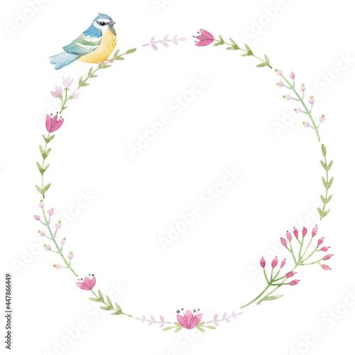Fototapeta Naklejka Na Ścianę i Meble -  Beautiful floral wreath with cute watercolor hand drawn abstract wild flowers and bird. Stock illustration.