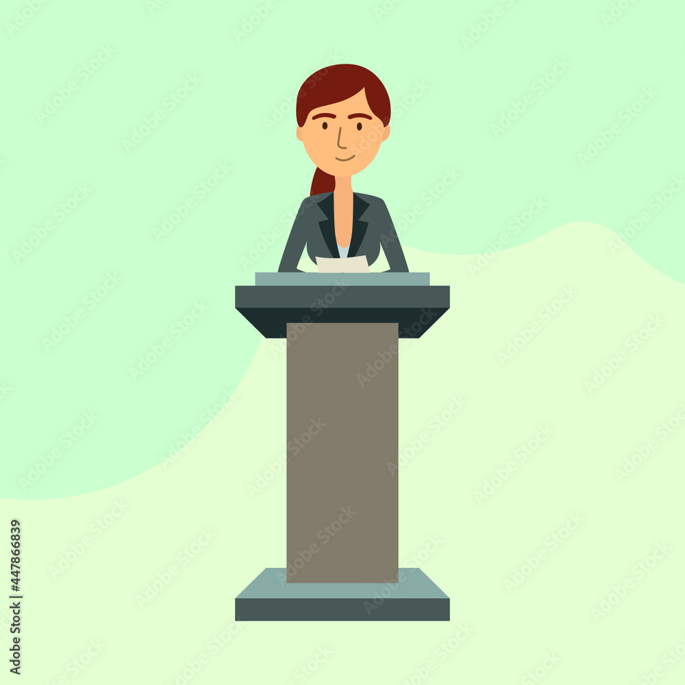 Young female politician behind podium, woman profession flat vector graphic style Young female politician behind podium, woman profession flat vector graphic style
