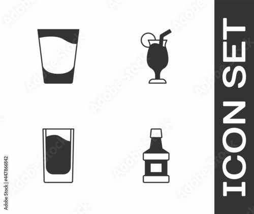 Set Whiskey bottle, Shot glass, and Cocktail icon. Vector