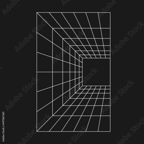 Retrofuturistic perspective grid tunnel. Cyber retro design element. Wireframe tunnel in cyberpunk 80s style. Perspective geometry for poster, cover, merch in retrowave style. Vector