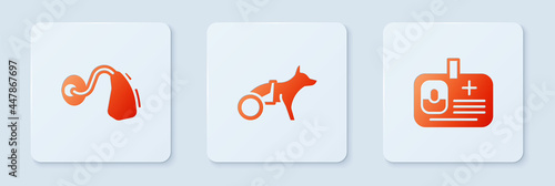 Set Dog in wheelchair, Hearing aid and Identification badge. White square button. Vector