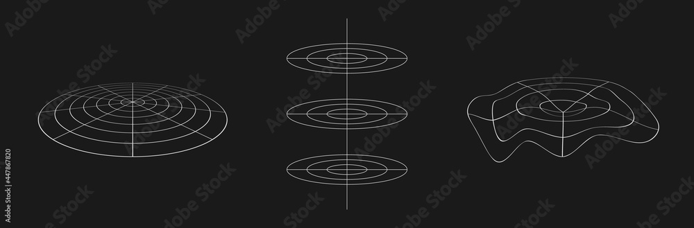 Set of retrofuturistic polar grids. Cyber retro design elements. Collection of polar grids in cyberpunk 80s style. Rectangular geometry for poster, cover retrowave style. Vector