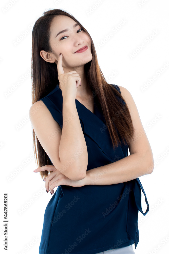 Cheerful Asian female touching cheek Cheerful Asian female touching cheek