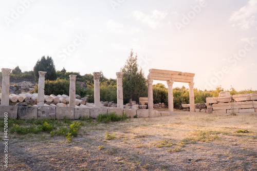 Columns in the ancient city of Kibyra. Kibyra, the ancient city of the Pergamon Kingdom in Burdur. Marble structures in the ancient city. Selective focus.