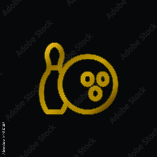 Bowling Ball And Pin gold plated metalic icon or logo vector