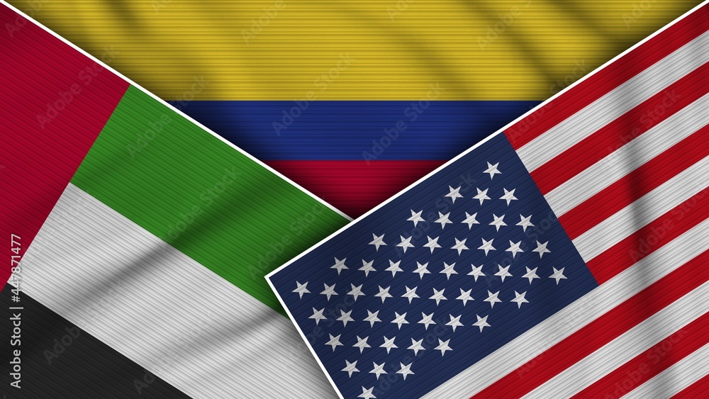 Fototapeta premium Colombia United States of America United Arab Emirates Flags Together Fabric Texture Effect Illustration