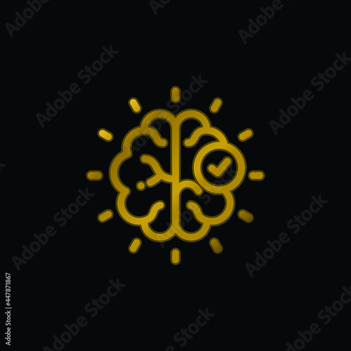 Brain gold plated metalic icon or logo vector