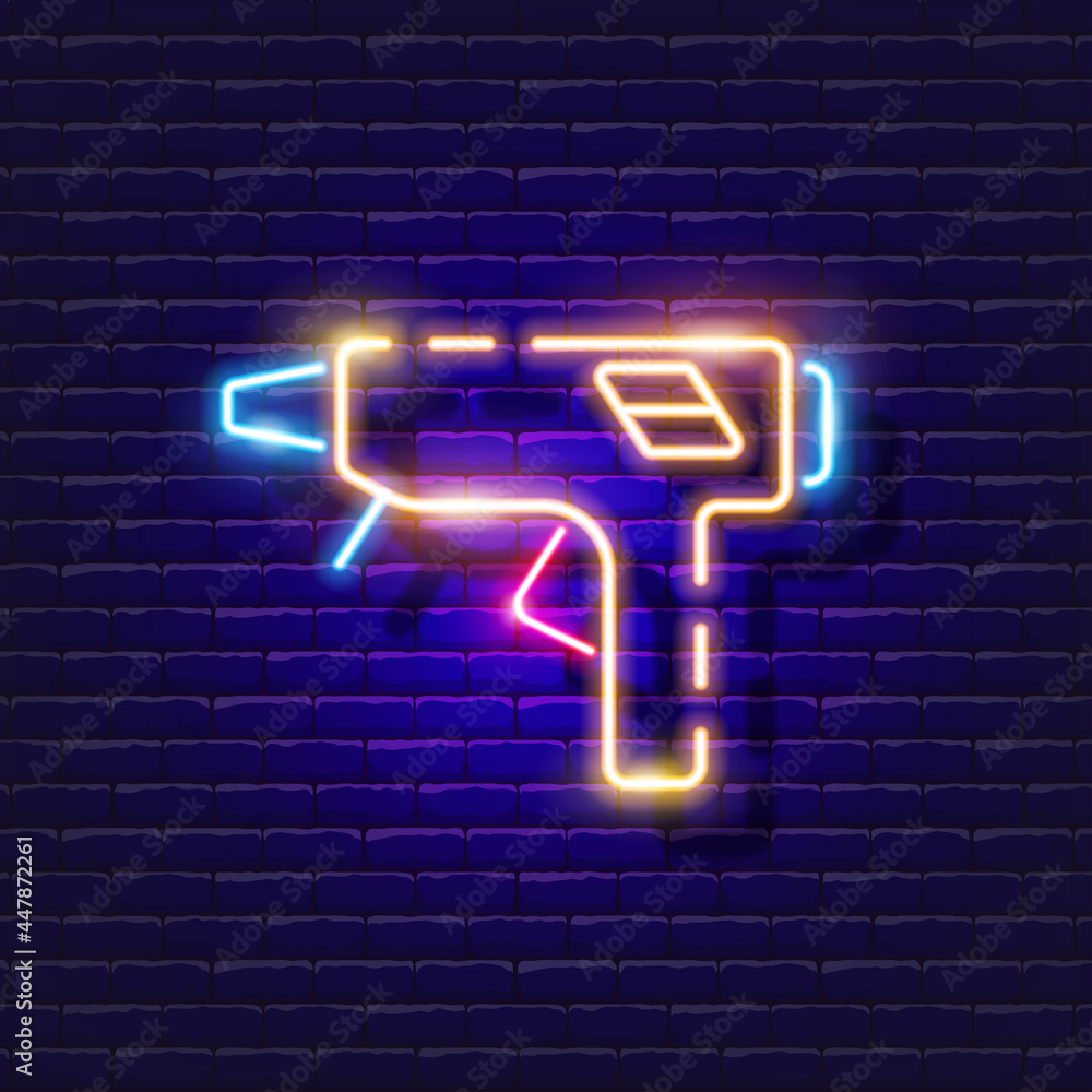 Glue gun neon icon. Vector illustration for design. Repair tool glowing sign. Construction tools concept. Glue gun neon icon. Vector illustration for design. Repair tool glowing sign. Construction tools concept.