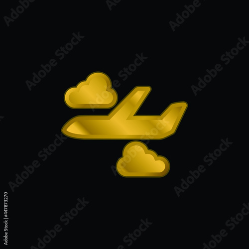 Airplane With Clouds gold plated metalic icon or logo vector