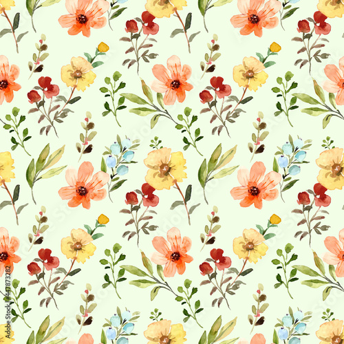 Floral Seamless watercolor pattern with green background