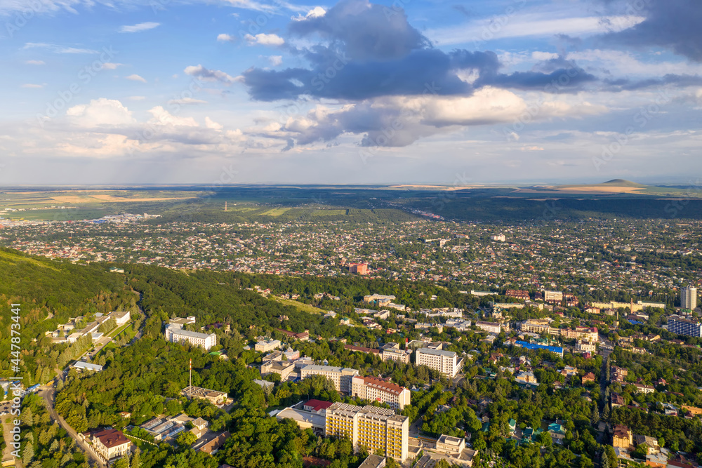 Drone view of Pyatigorsk on sunny summer evening. Stavropol Krai, Russia.